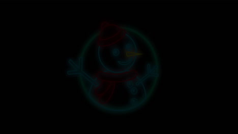 animation of neon christmas snowman in circle on black background