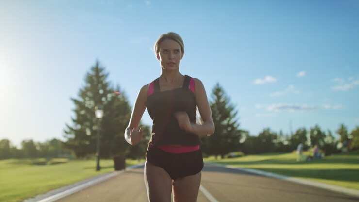 Donna che corre al rallentatore. Donna sportiva che corre sulla strada del parco.
