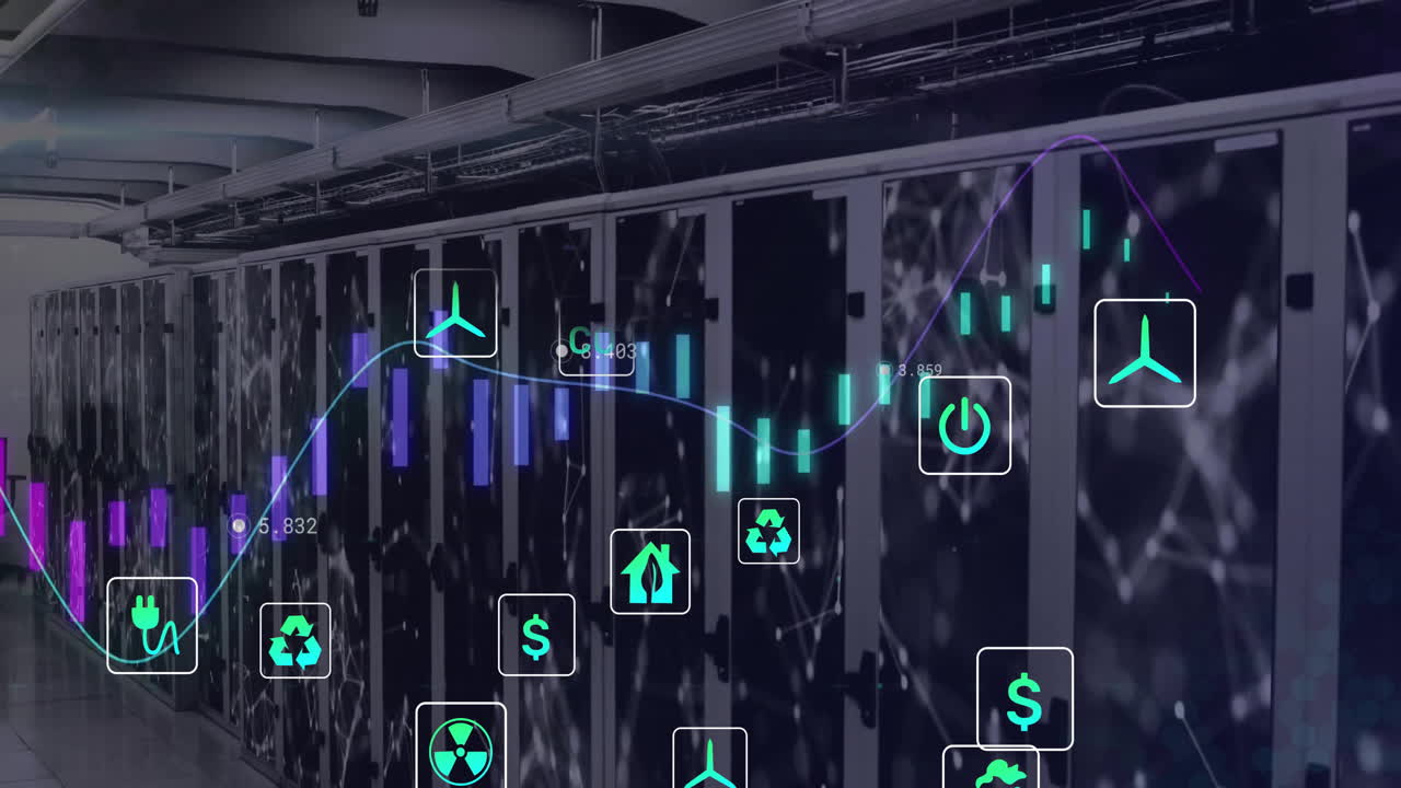 Animation of eco icons and data processing over computer servers