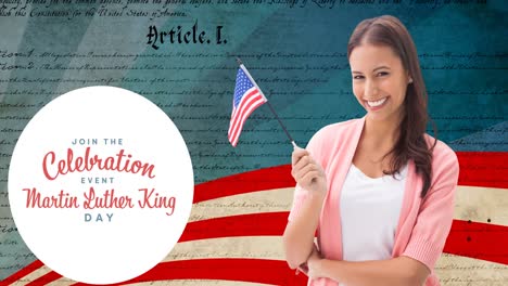 animation of happy martin luther king day text over happy caucasian woman with american flag