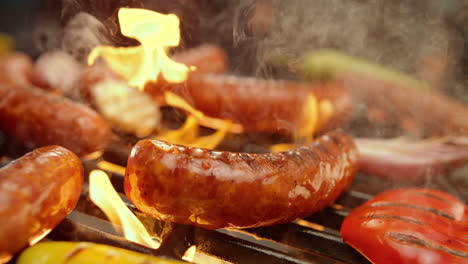 grilled sausages with vegetables on a barbecue