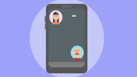 animación de la pantalla con conversaciones de mensajería en fondo púrpura.