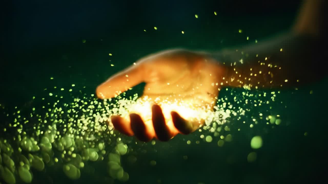 A Glowing Hand Releasing Sparkling Particles into the Air, Capturing the Wonder of Light and Motion in a Dreamlike Setting, Creating a Sense of Magic and Energy