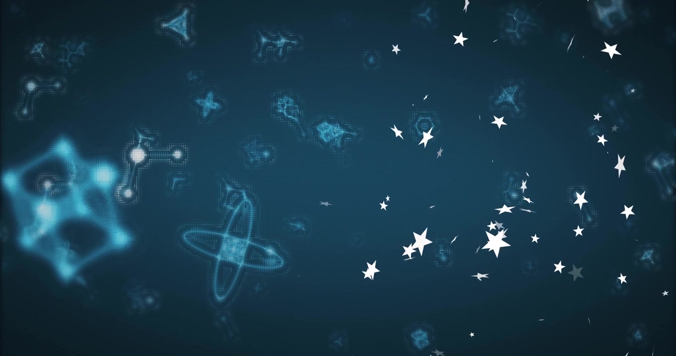 White star particles appearing, drifting inward, spiraling to highlight cluster over neon field