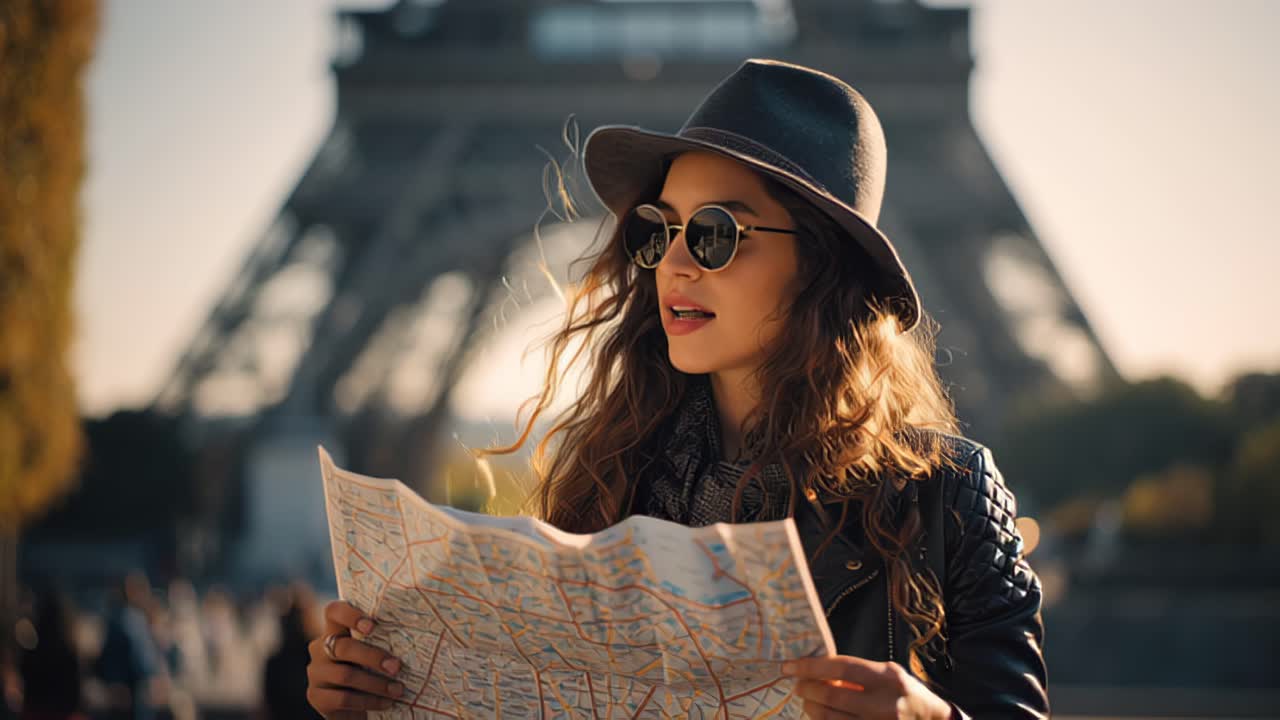 Filmato di viaggio cinematografico di una giovane donna alla moda con cappello e occhiali da sole che tiene una mappa di carta con la Torre Eiffel sfocata dietro di lei, Parigi, Francia, sotto una calda luce solare
