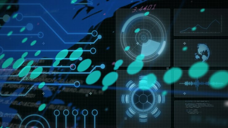 Animation of data processing with scope scanning on black background