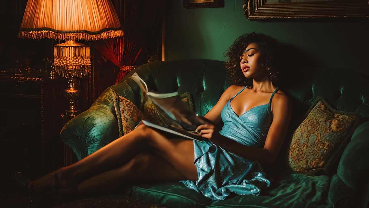 Una donna in un abito blu di seta è distesa su un lussuoso divano verde, assorta nella lettura di riviste patinate sotto la calda luce di una lampada vintage, creando un'atmosfera invitante di relax ed eleganza