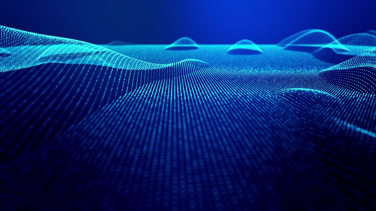 el fondo abstracto en bucle de 4k de partículas de brillo forma líneas, superficies como paisajes futuristas en el ciberespacio o hologramas. tema de ciencia ficción de microworld, nanotecnología o espacio cósmico. azul 10