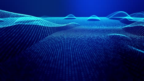 el fondo abstracto en bucle de 4k de partículas de brillo forma líneas, superficies como paisajes futuristas en el ciberespacio o hologramas. tema de ciencia ficción de microworld, nanotecnología o espacio cósmico. azul 10