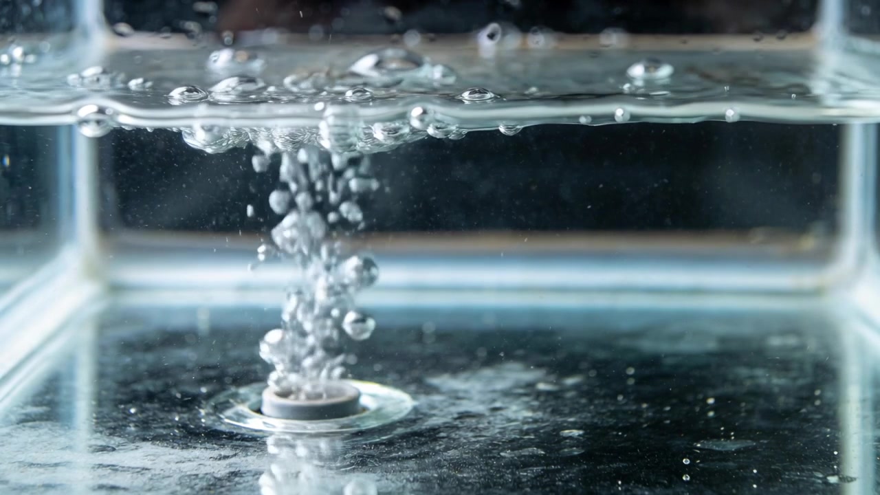 Un diffuseur circulaire libère de l'air, envoyant une colonne de bulles montante dans un réservoir en verre, créant des ondulations.