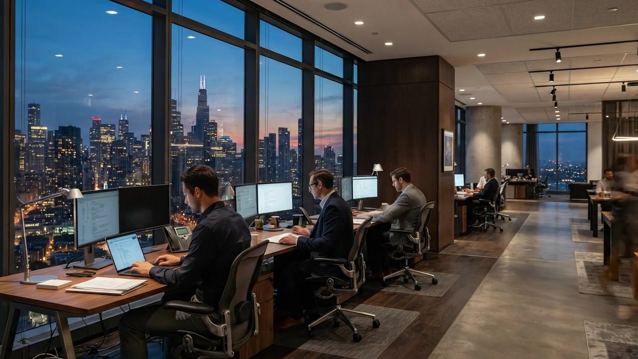 Professional Team Working Late in Modern High-Rise Office at Night