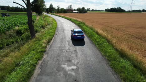 the blue car is driving the side road on a sunny day-1