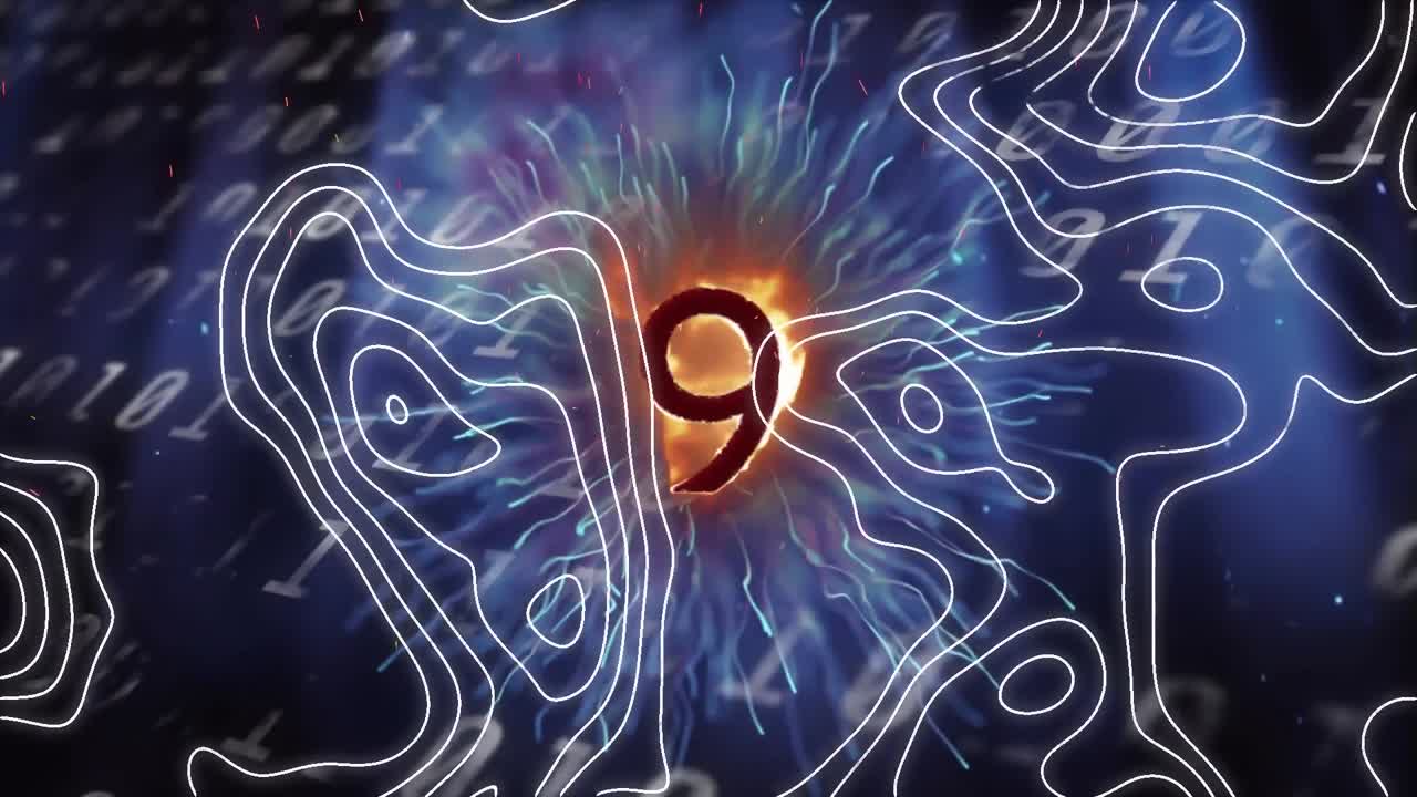 불타는 숫자 9 위의  ⁇ 색 윤 ⁇  선의 애니메이션과 검은색 배경의 데이터 처리