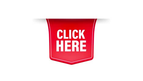 con icono haga clic aquí cinta roja en fondo blanco para el diseño de marketing web. diseño plano. gráficos de movimiento.