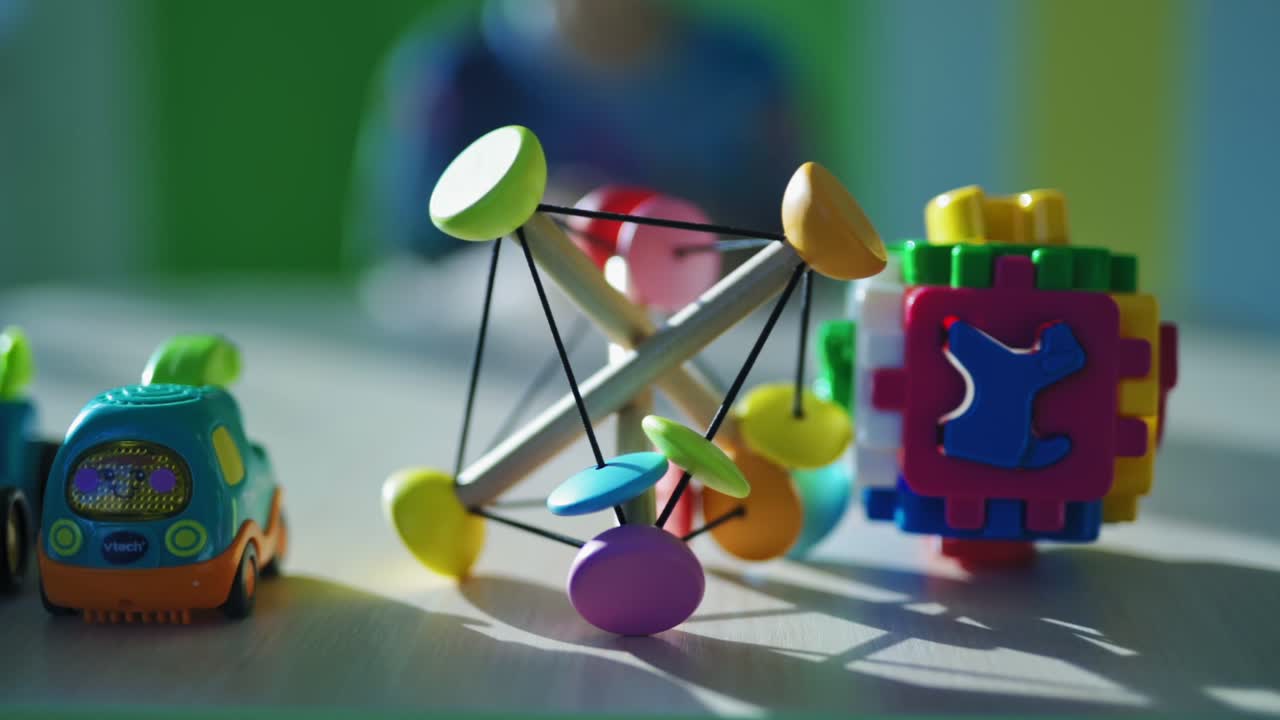 Toys on the table. Close up view of toys on table at home