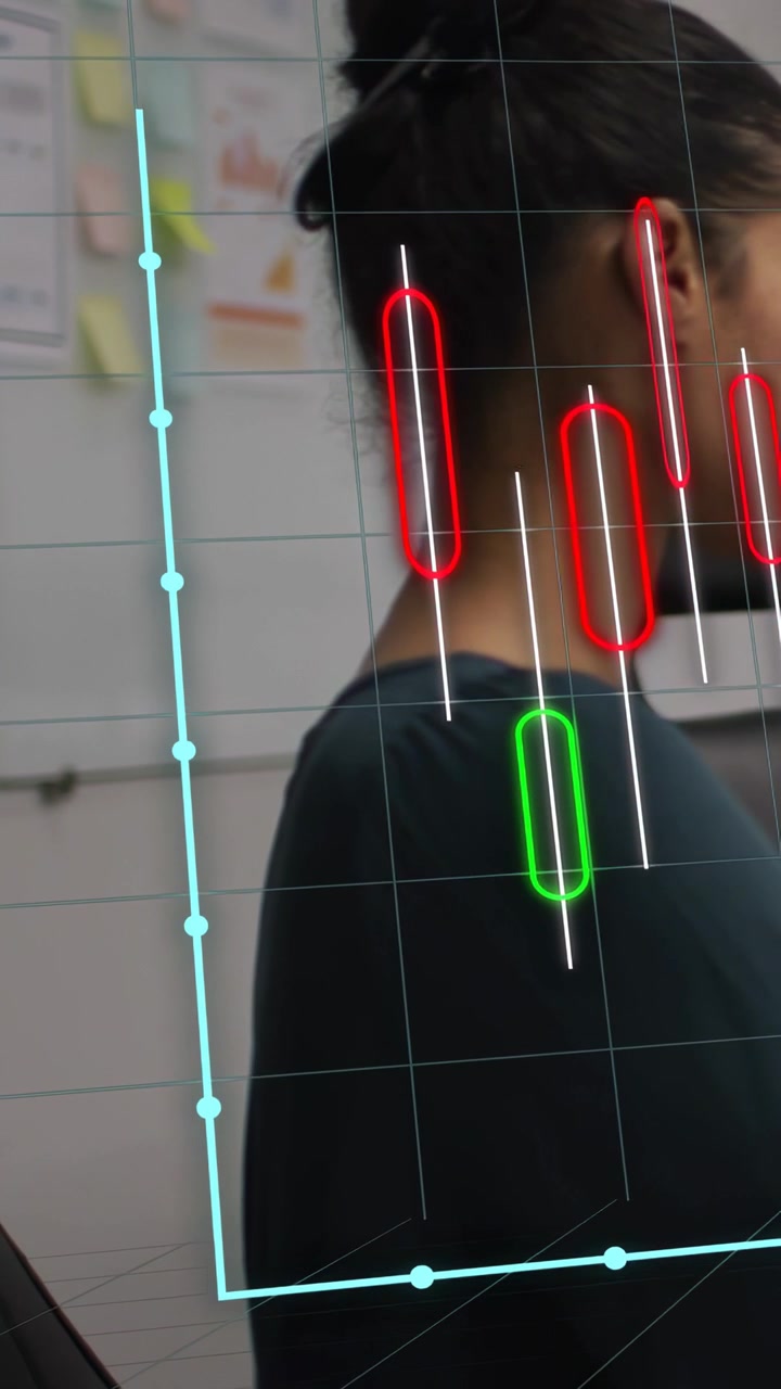 Vertical video: Woman standing at board, grid showing candlesticks aligning over neck for finance