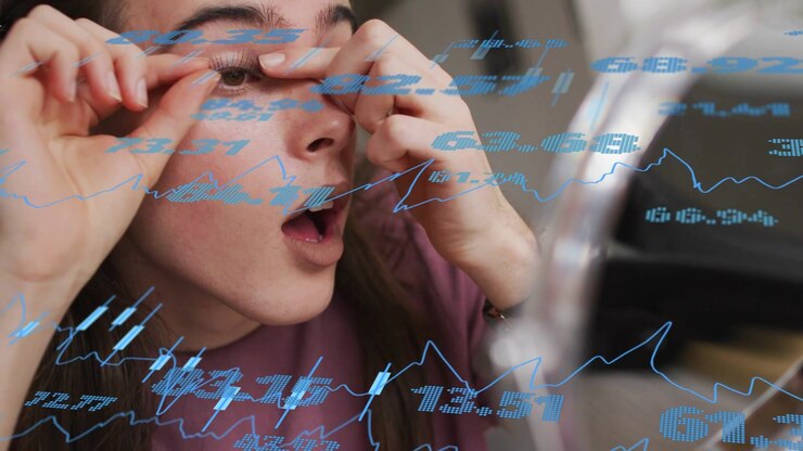 Woman lifting eyelid, aligning and pressing lash strip at mirror, blue graphs overlaying for beauty