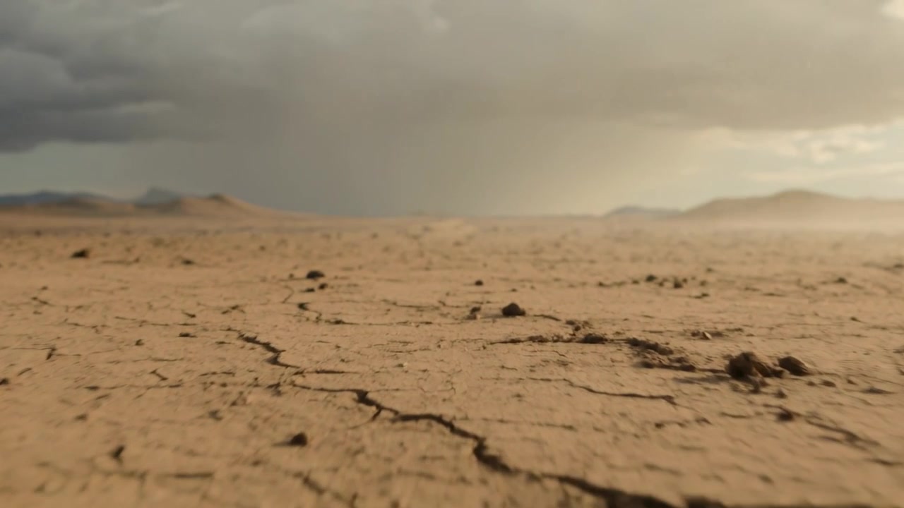 La telecamera si allontana, rivelando argilla screpolata in una piana salata, con una tempesta in avvicinamento, una colonna di pioggia e polvere che si alzano.