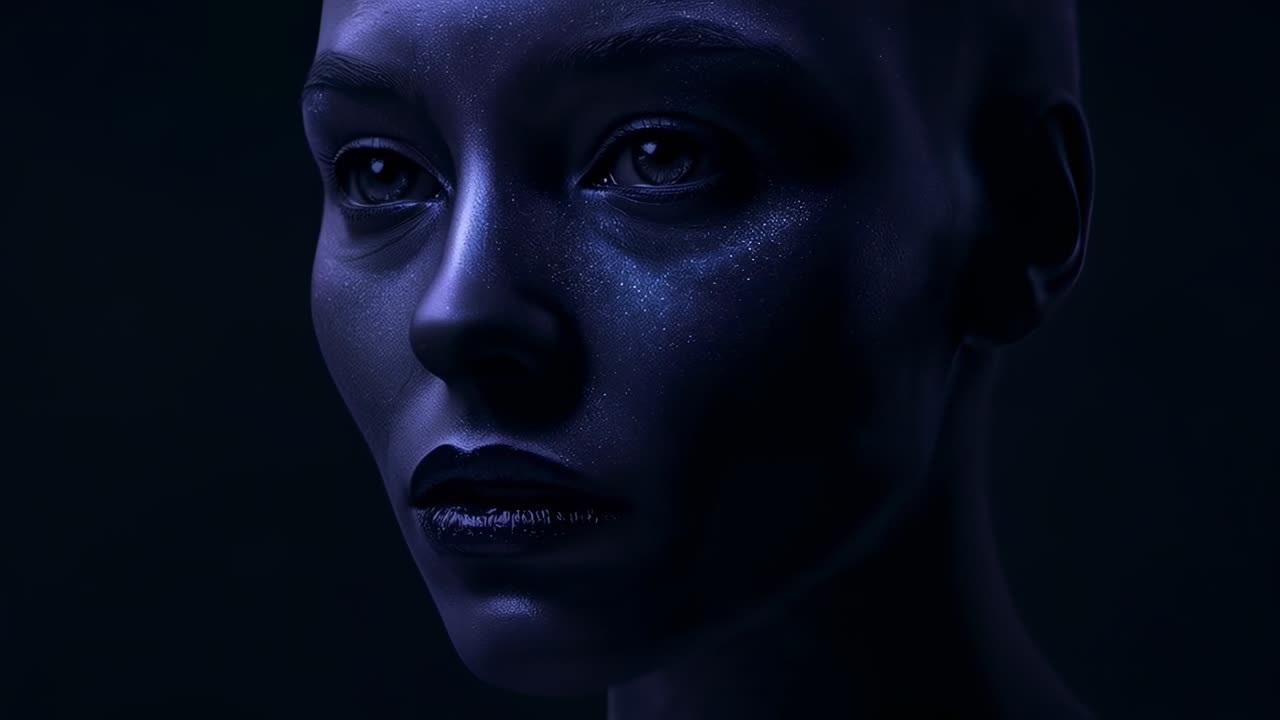 Modello che si sposta rivelando un avvicinamento in uno studio buio mentre la camera si avvicina, mettendo in risalto il trucco blu