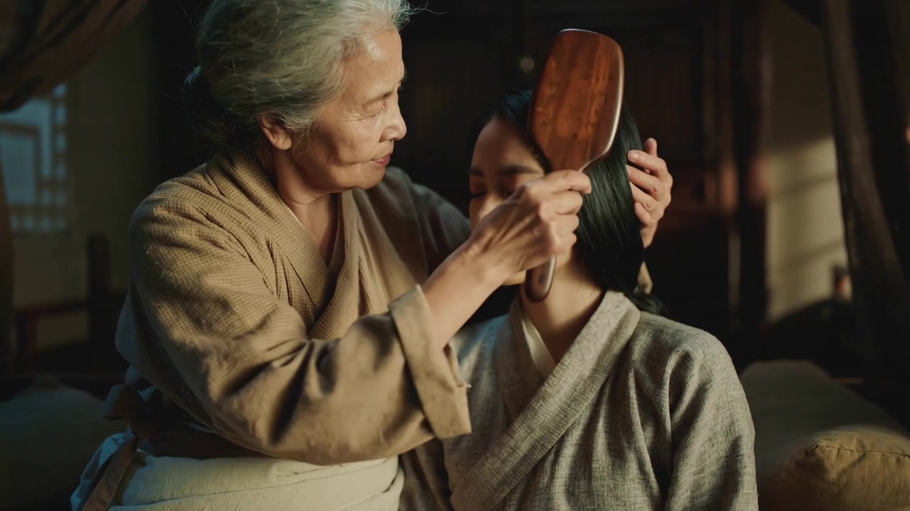 Un'anziana che si prende cura del nipote, solleva una spazzola piatta e gli spazzola i capelli a casa, indossando un kimono.