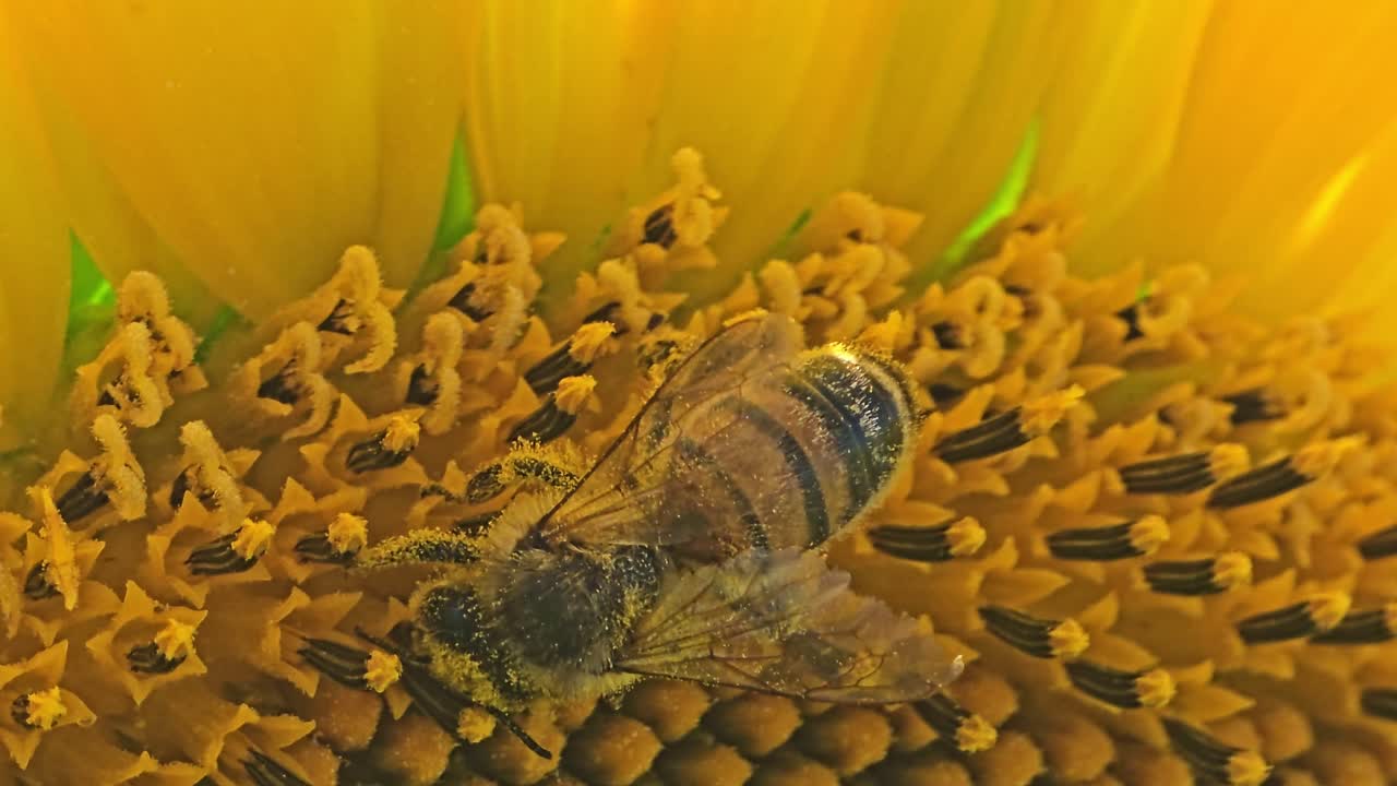 Extreme close-up of a bee collecting pollen on the pistils of a sunflower, body dusted with yellow grains