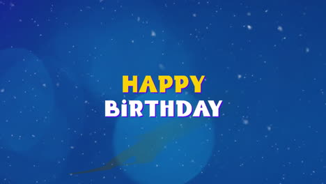 happy birthday text animation over blue background with falling snowflakes