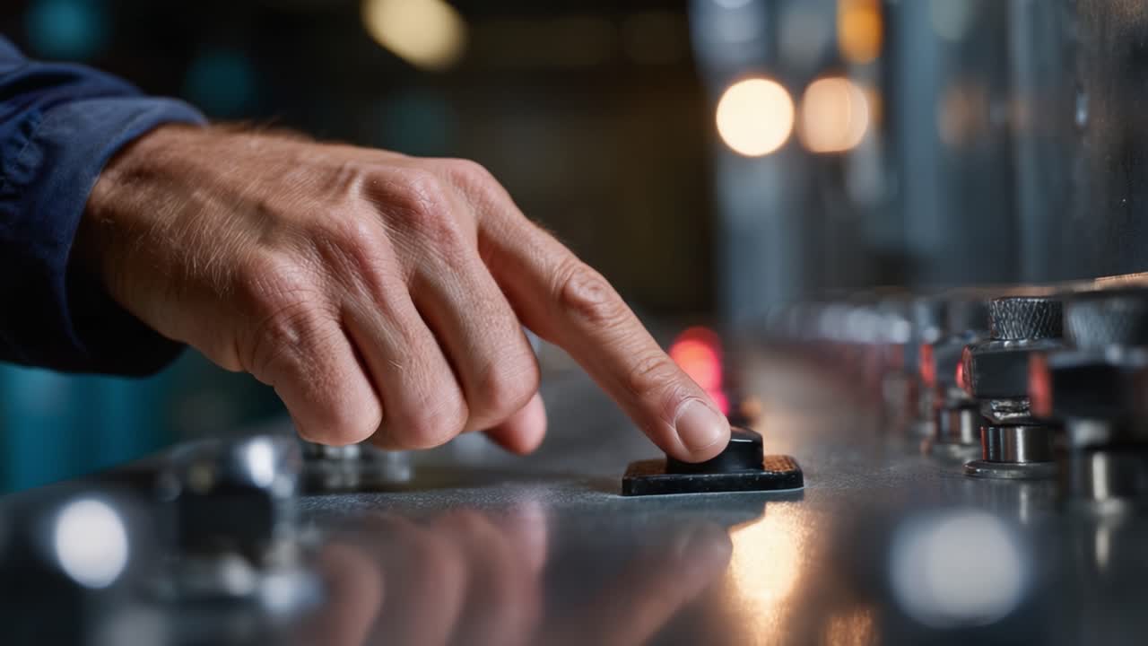 En hånd trykker på en knapp på et kontrollpanel med glødende indikatorer i et svakt belyst miljø, som signaliserer aktivering og operasjonell beredskap for utstyr.