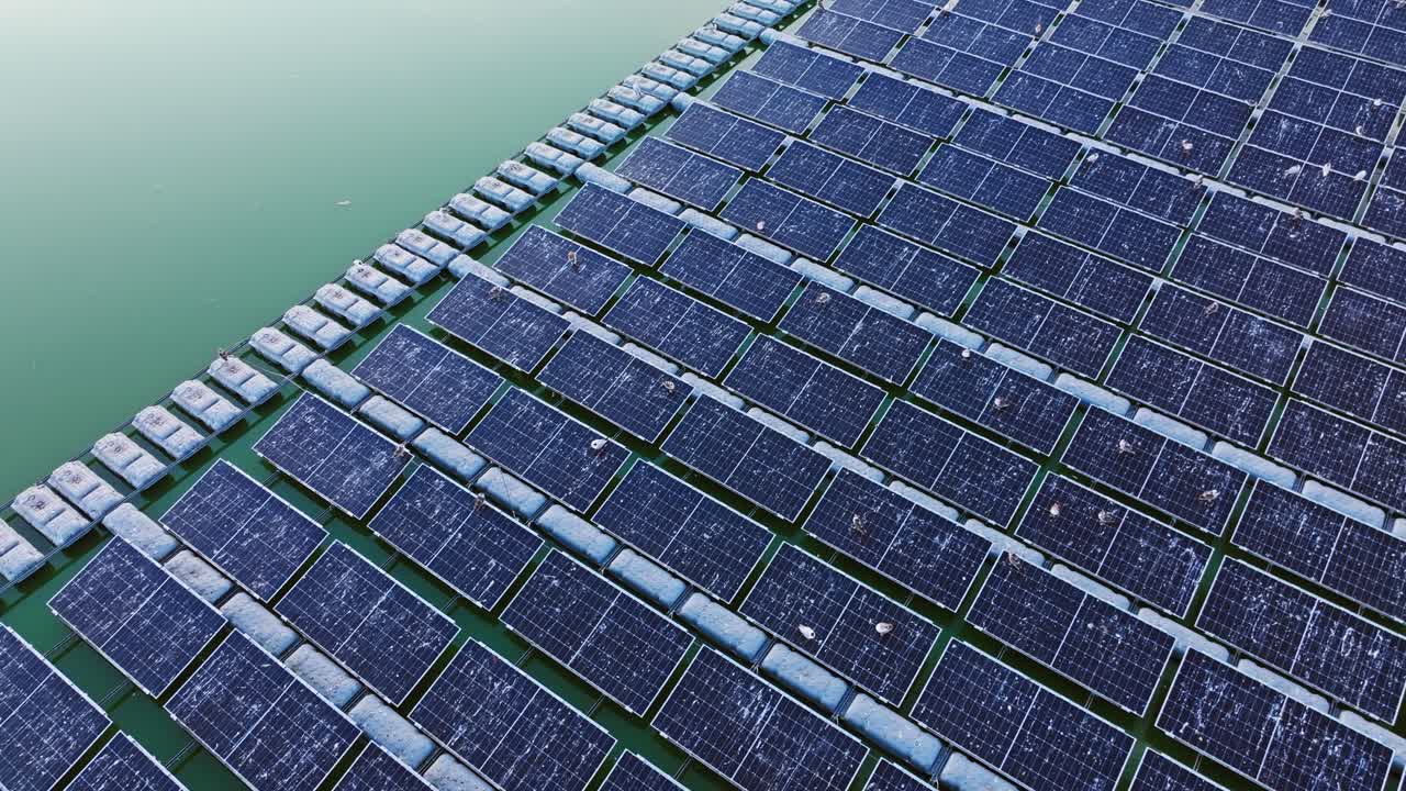 Solar panels float in symmetry on green water surface in peaceful aerial shot