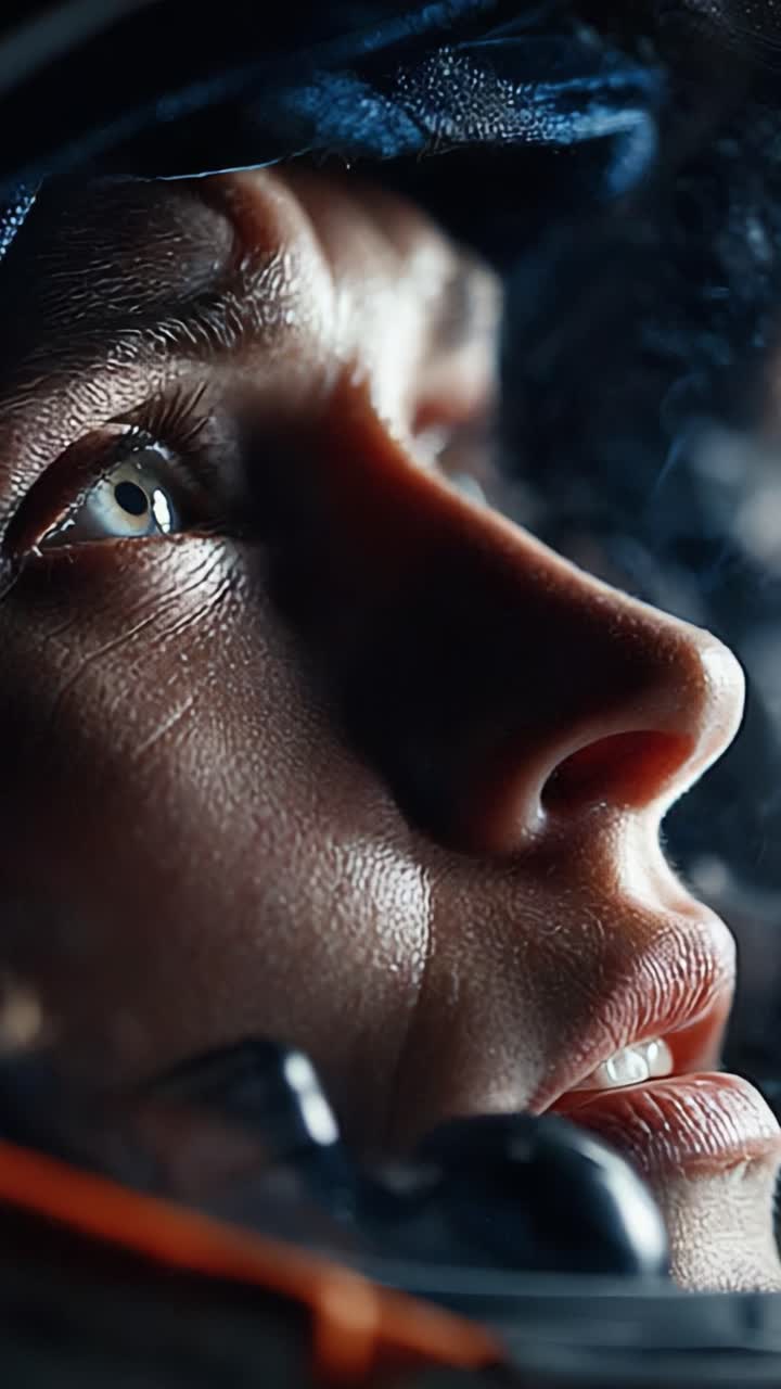 An Intense Gaze into Infinity: An Astronaut's Emotional Journey Captured in Close-Up, Reflecting on the Boundless Universe Just Beyond the Helmet