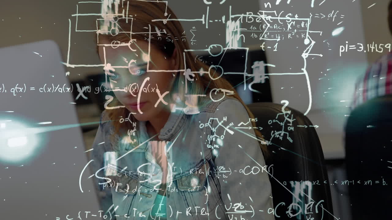 estudiante trabajando con cálculos y símbolos matemáticos