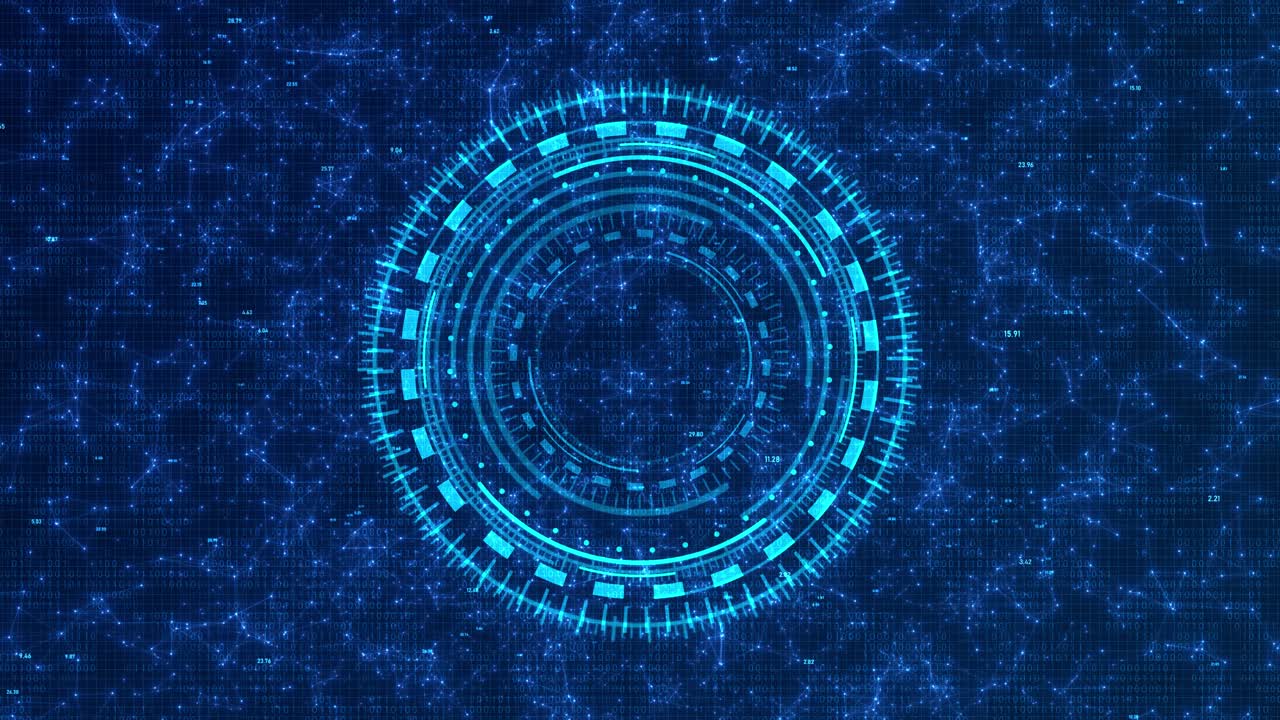 Futuristic Circular HUD with Binary Code and Geometric Plexus on a Blue Background