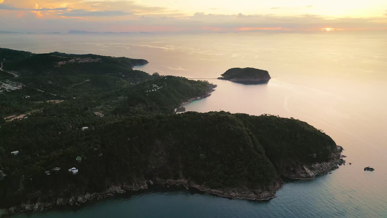 Aerial of Koh Nang Yuan islet at sunset beach in the island of Koh Phangan Thailand