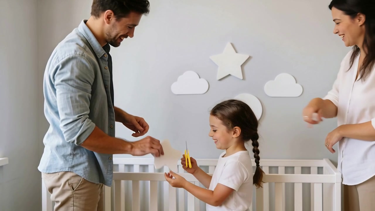 Arranging family preparing nursery, placing cloud and star shapes above crib with yellow tool