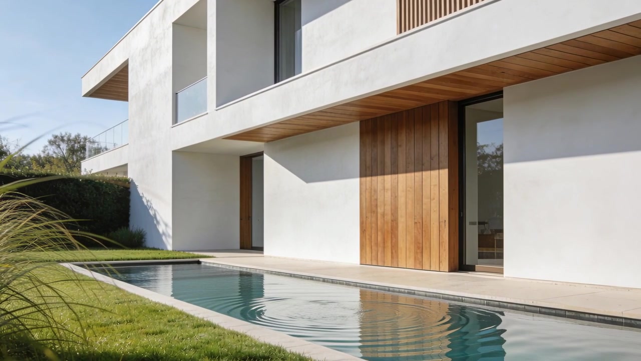 Ondas de piscina que se expanden hacia afuera desde una pequeña ondulación en el centro-izquierda del patio trasero, reflejando la casa.