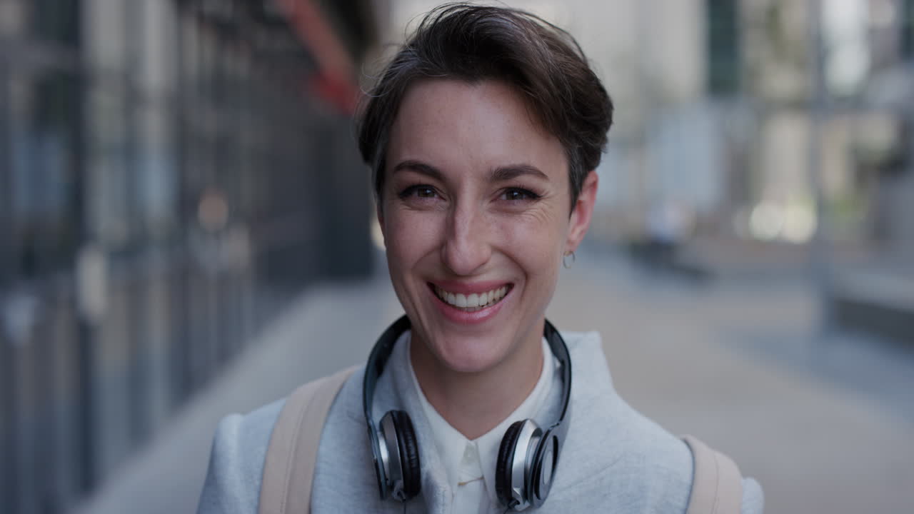 retrato de una joven mujer de negocios independiente sonriendo disfrutando del éxito de su carrera profesional en la ciudad urbana en cámara lenta