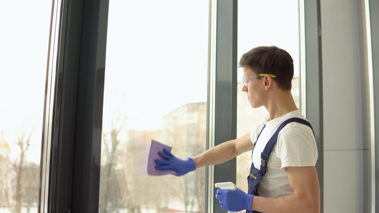 joven militar con uniforme de protección y gafas lava las ventanas