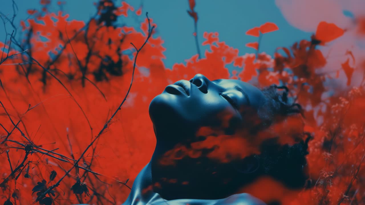 Vibrant video concept with a surreal style. Low-angle shot of a person amidst red foliage