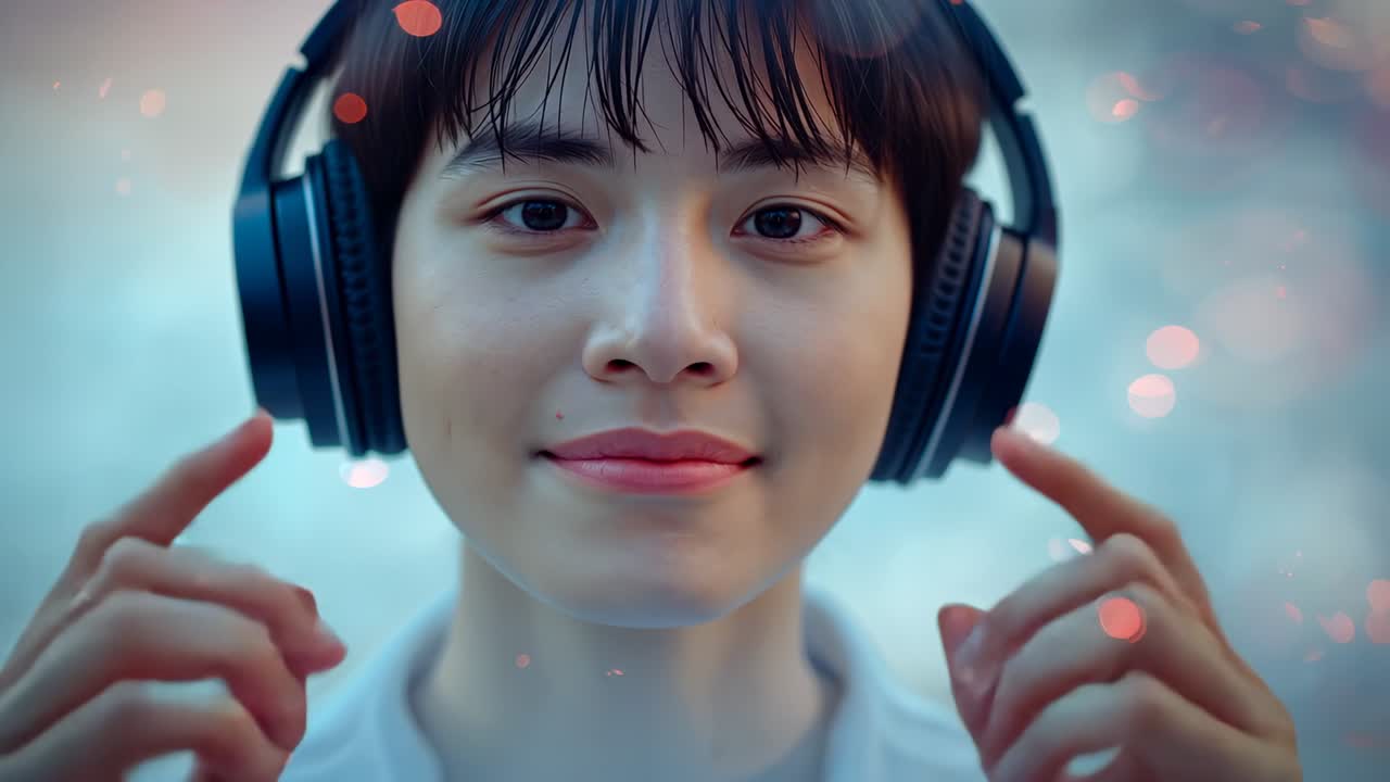 Placing teen in white shirt adjusting black over-ear headphones in studio, preparing for music