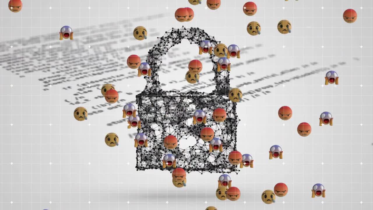 animación digital del icono de candado de seguridad y múltiples emojis de rostros contra el procesamiento de datos