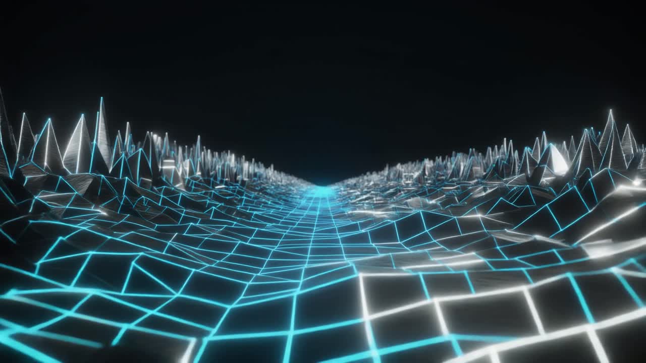 Abstract Blue Neon Grid Moving in Digital Cyberspace
