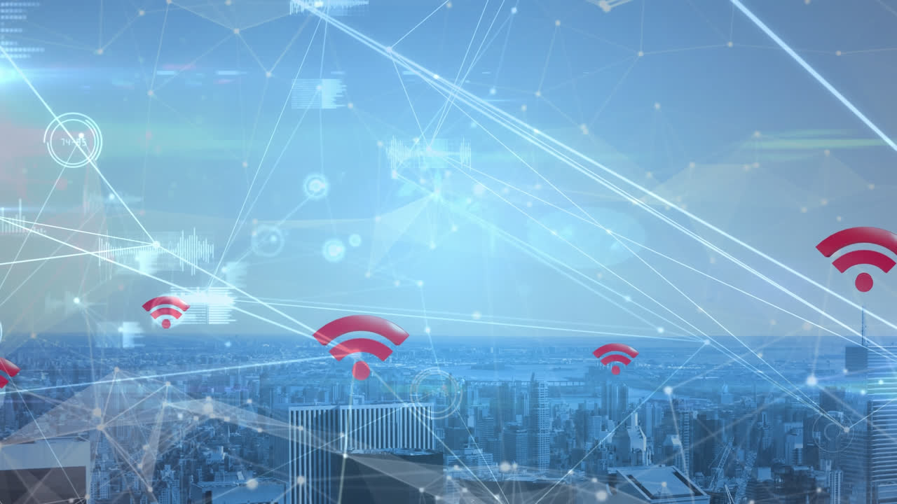 animación de red de conexiones con gráficos e iconos de red sobre un paisaje urbano