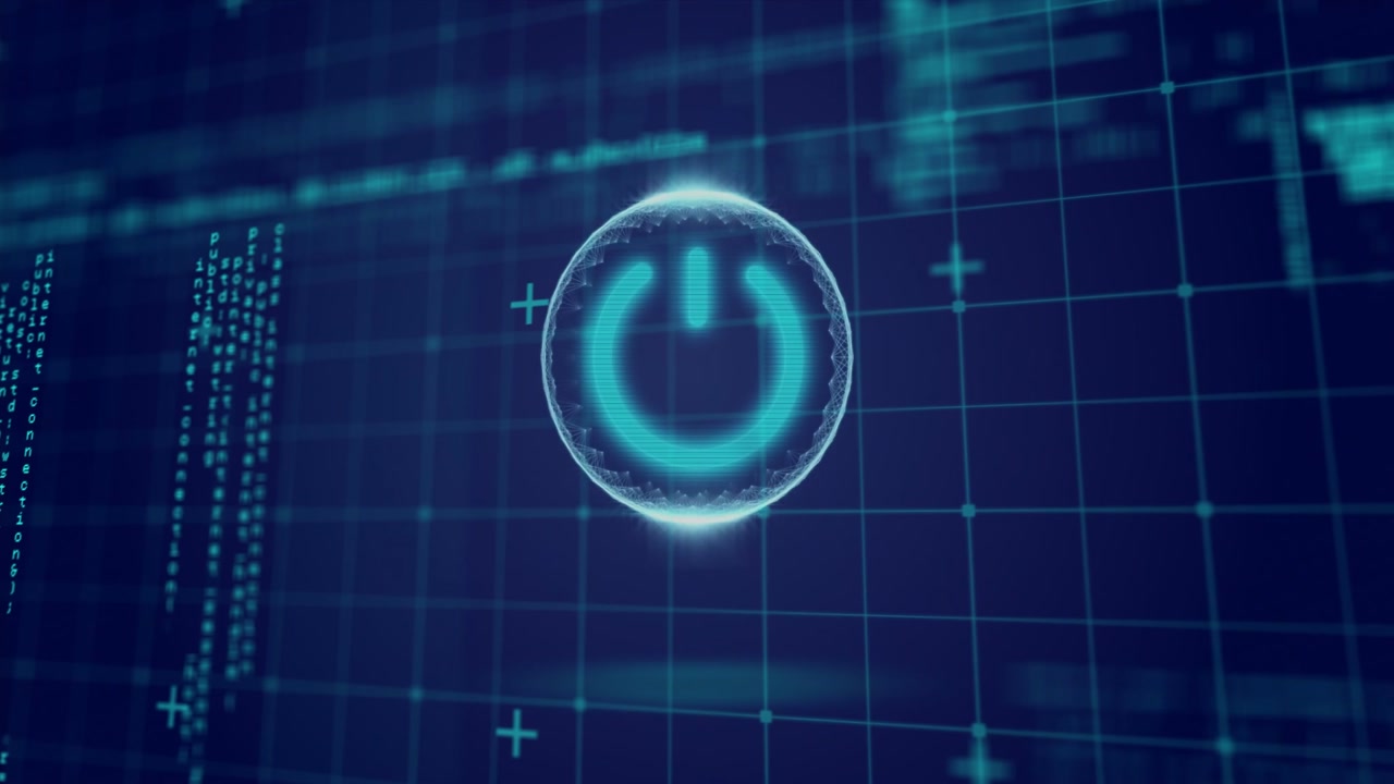 Glowing grid activating HUD sphere enclosing cyan power glyph pulsing, reforming, visualizing data