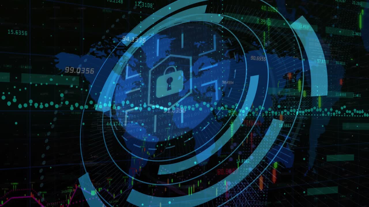Animation of scope scanning with padlock icon over data processing and world map on black background