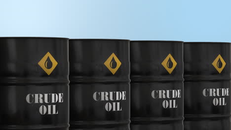 Close-shot-of-Crude-oil-barrels-arranged-in-a-line,-camera-tracking-right-to-left---3D-Animation-Render-Crude-oil-supply-and-demand-commodity-market-trading-concept-video