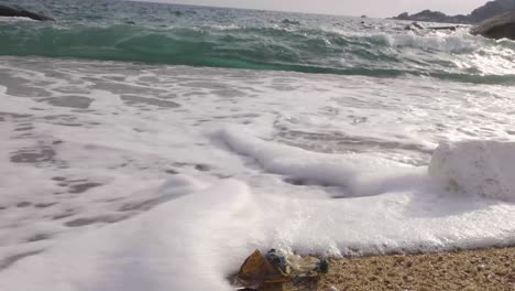 hush wave washing over plastic trash on beach, low angle parallel static 4k side shot