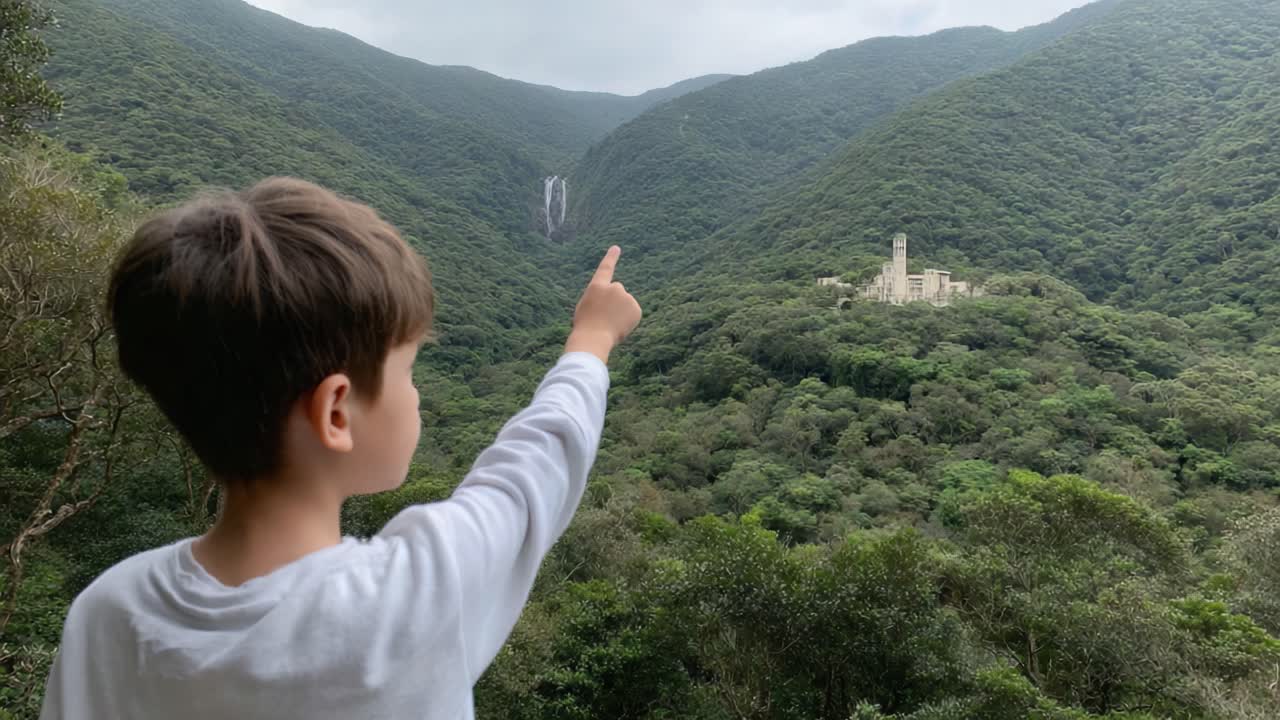 A Child's Wonder: Exploring the Majestic Landscape with Waterfalls and Ruins in the Lush Green Mountains