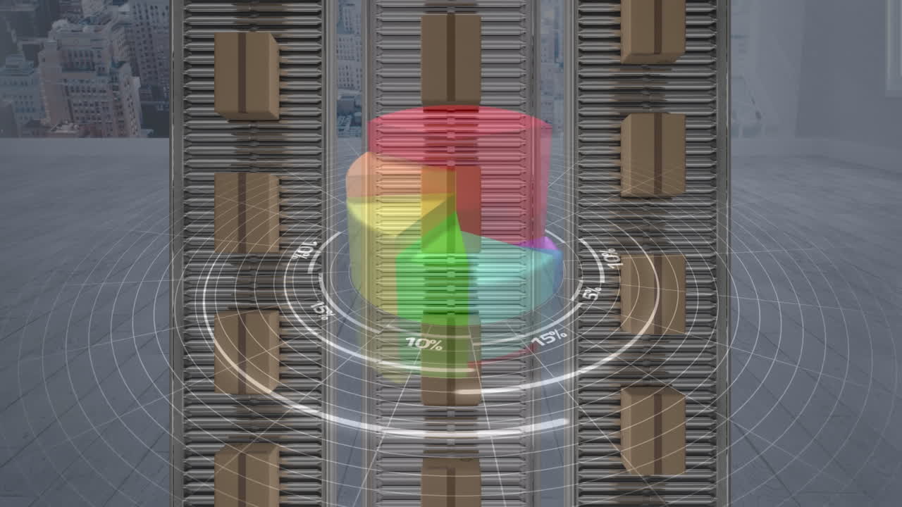 도시 풍경에 대한 컨베이어 벨트에 배달 상자에 대한 통계 데이터 처리
