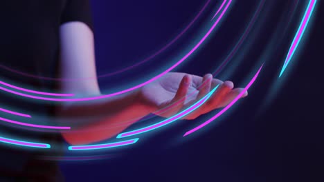 animation of glowing light trails of data transfer and asian woman's hand