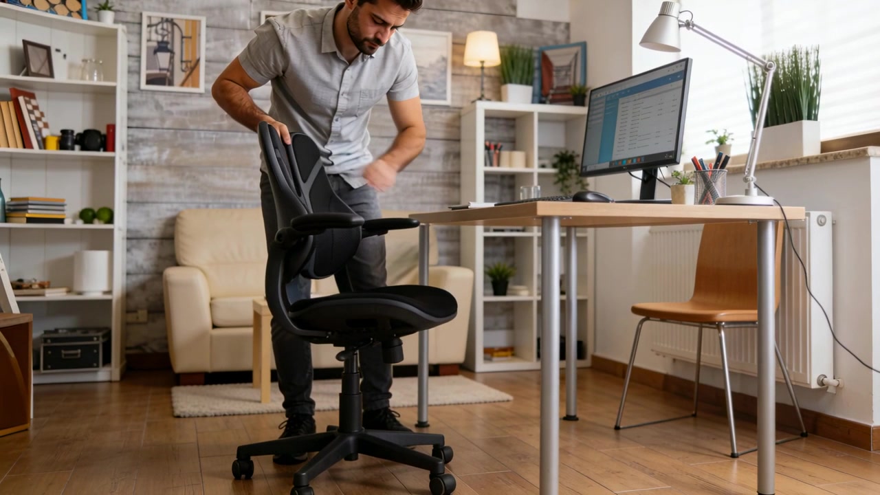 Adjusting man reaching, pulling ergonomic chair toward desk, preparing monitor work in home office
