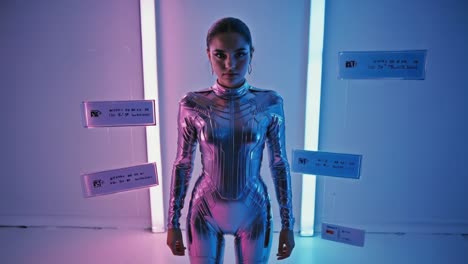 futuristic woman in silver suit with neon lights